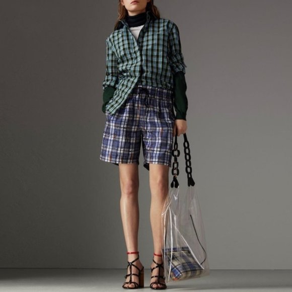 NWT Burberry Contrast Silk Trim Plaid Long Sleeve Shirt
